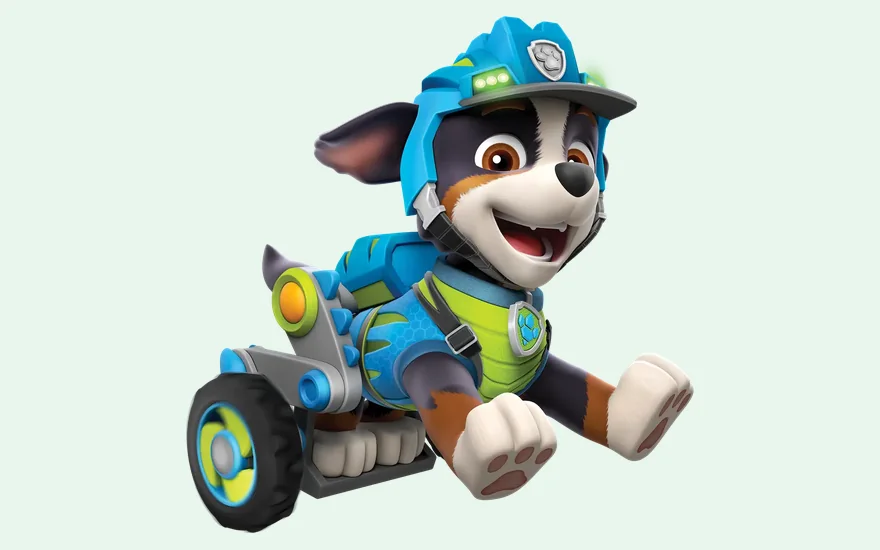 Rex, le chiot specialiste des dinosaures de la Pat'Patrouille, sur son vehicule de mobilite